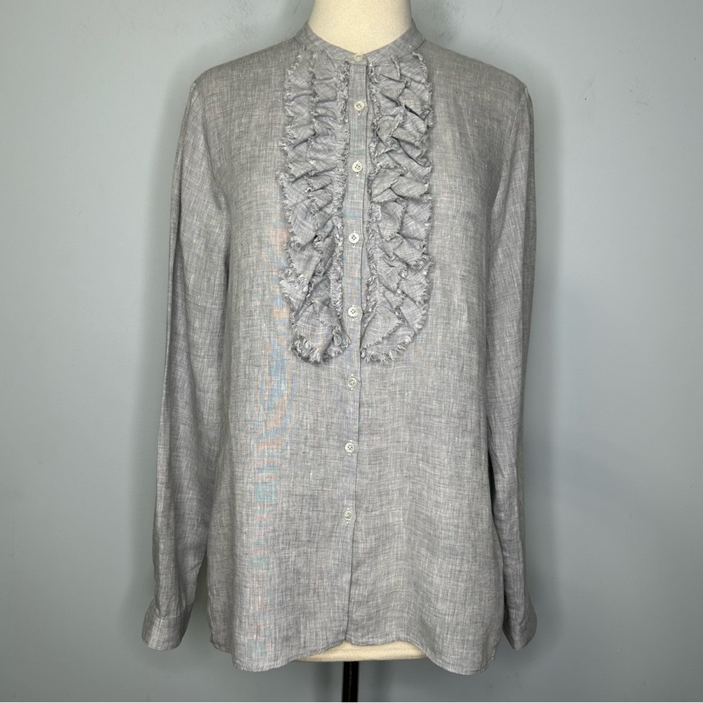 Robert Friedman Women’s 100% Linen Heathered Gray Ruffle Front Buttoned Blouse S